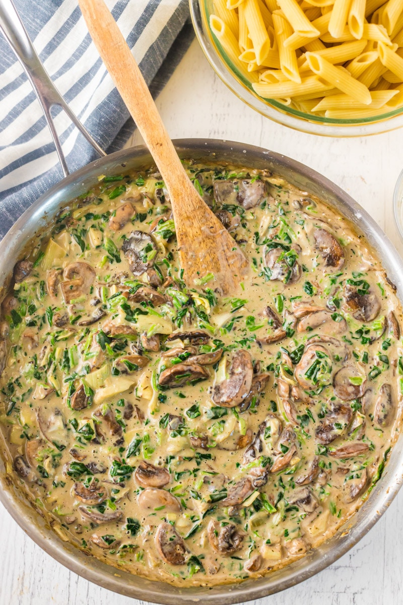 Pan of spinach and artichoke pasta