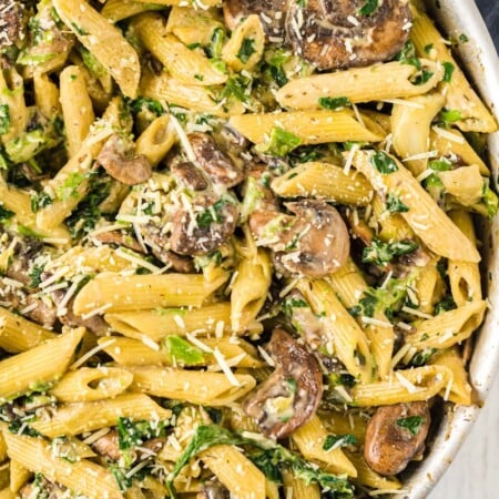 Pan of spinach and artichoke pasta