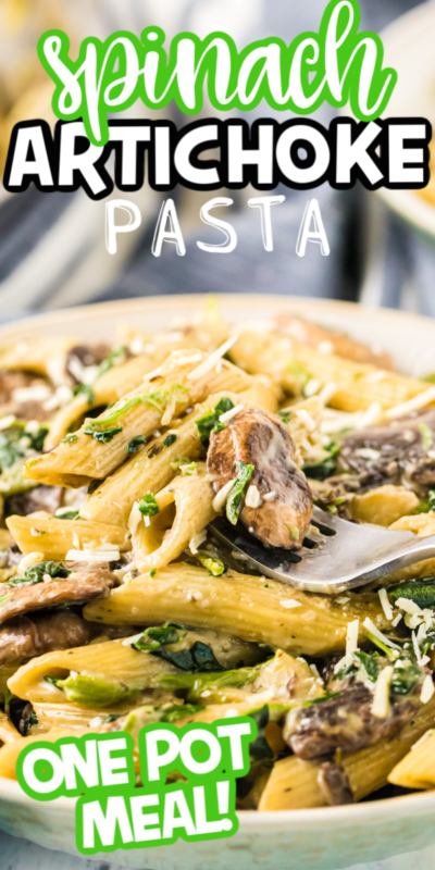 This easy spinach and artichoke pasta recipe is perfect for a quick weeknight meal! Full of veggies and goodness, even the kids will love this spinach artichoke pasta dinner!