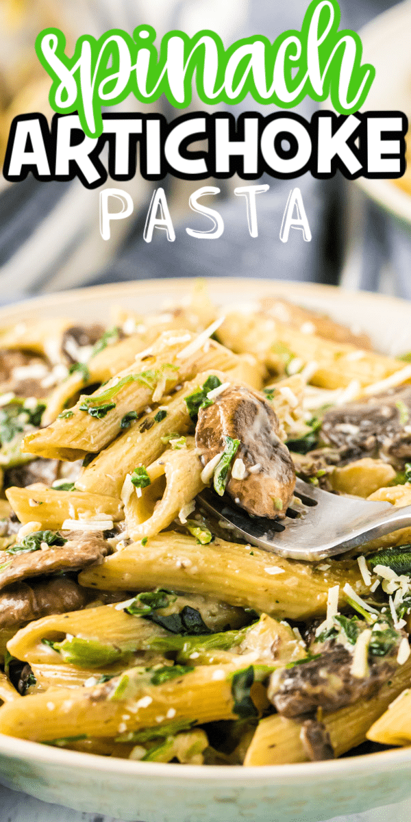 Spinach and artichoke pasta in a bowl