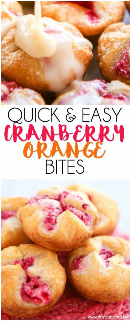 These mini cranberry orange bites take just a few minutes to make and make great appetizers or desserts for a baby shower, a great addition to your menu of Thanksgiving recipes, or even just a hostess gift to give to someone who’s hosting Thanksgiving! They’re the perfect easy desserts or if you’re not sharing, the perfect breakfast food! 