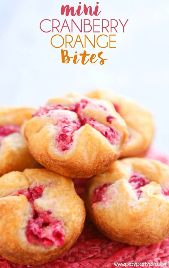 These mini cranberry orange bites take just a few minutes to make and make great appetizers or desserts for a baby shower, a great addition to your menu of Thanksgiving recipes, or even just a hostess gift to give to someone who’s hosting Thanksgiving! They’re the perfect easy desserts or if you’re not sharing, the perfect breakfast food! 