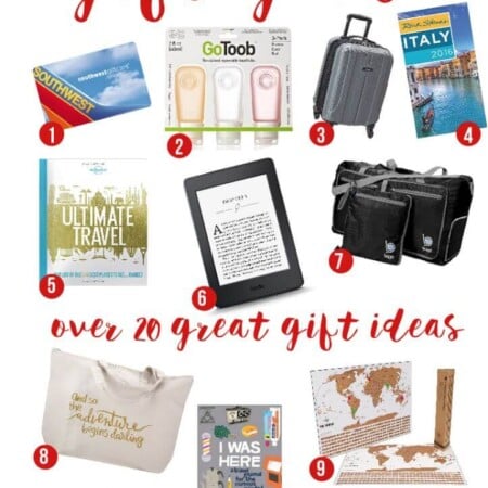 Need Christmas gift ideas for a friend going to Italy or New York or someone who just loves to travel? This gift guide for travelers is full of 20 great gifts for travelers including travel gifts for men, travel gifts for friends, and everything in between. Food, funny gifts, and even the cutest travelers notebook ever! I seriously need that travel pillow!