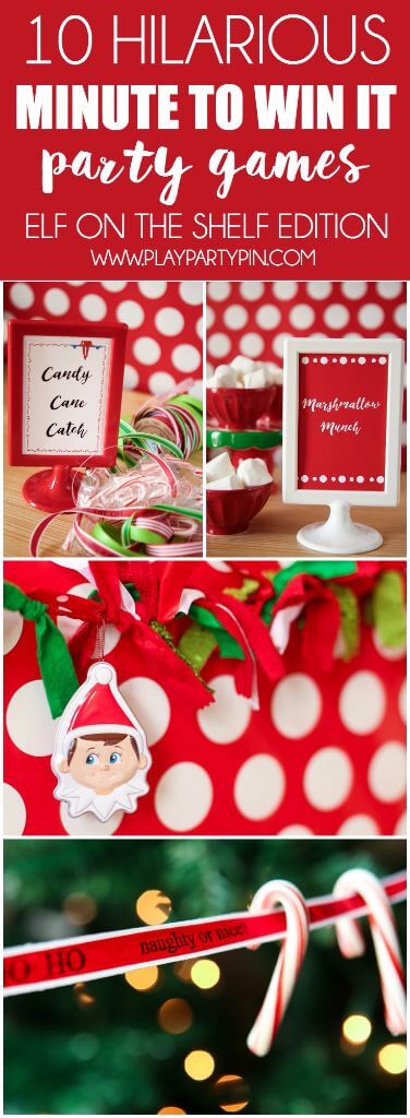 Elf on the Shelf minute to win it games from Play. Party. Pin. inspired by tons of Elf on the Shelf ideas from Pinterest and other minute to win it Christmas ideas. Great party games for kids like a marshmallow munch, candy cane catch, and more! And #9 sounds absolutely hysterical. Such fun minute to win it games for kids! 
