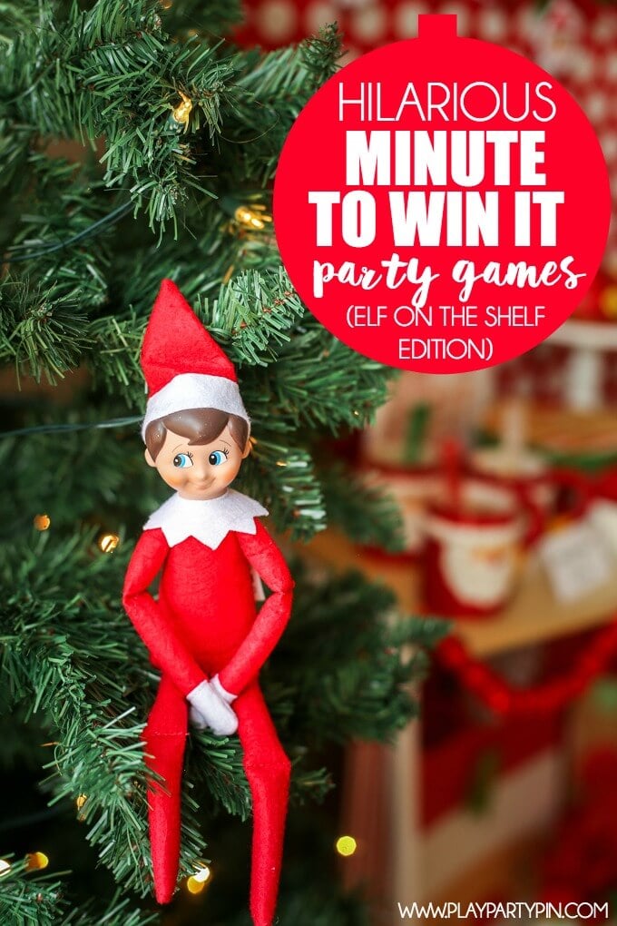 Elf on the Shelf minute to win it games from Play. Party. Pin. inspired by tons of Elf on the Shelf ideas from Pinterest and other minute to win it Christmas ideas. Great party games for kids like a marshmallow munch, candy cane catch, and more! And #9 sounds absolutely hysterical. Such fun minute to win it games for kids! 