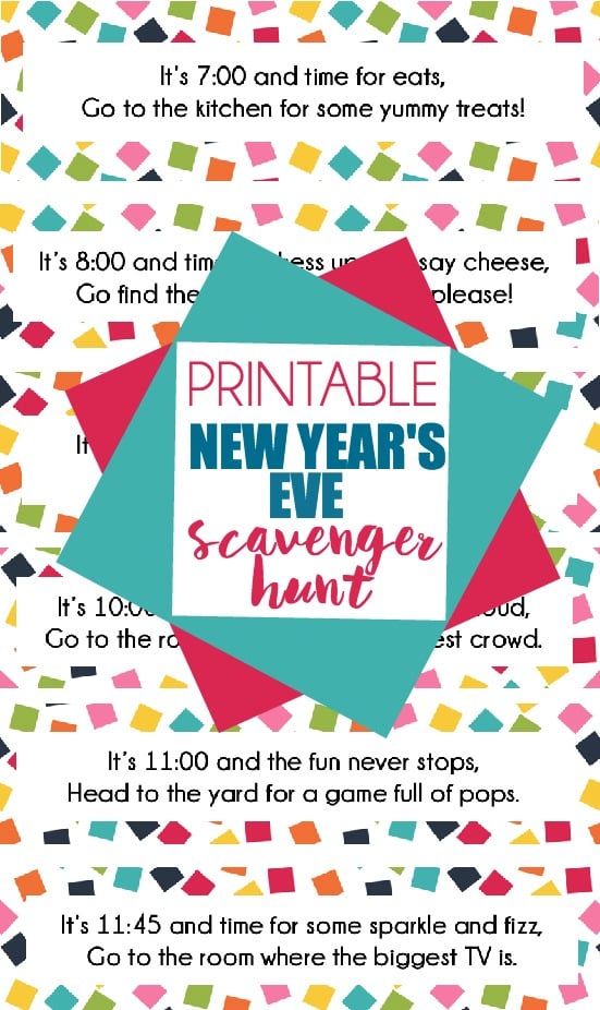 This free printable New Year's Eve scavenger hunt is perfect for kids (or adults!). Put each clue in an envelope labeled with a time and let them open it when the time comes. Clues direct kids to fun New Year's Eve activities for kids like popping confetti balloons, silly string wars, and more!