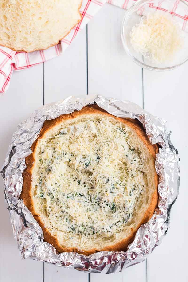Easy spinach artichoke dip prepped to go in the oven