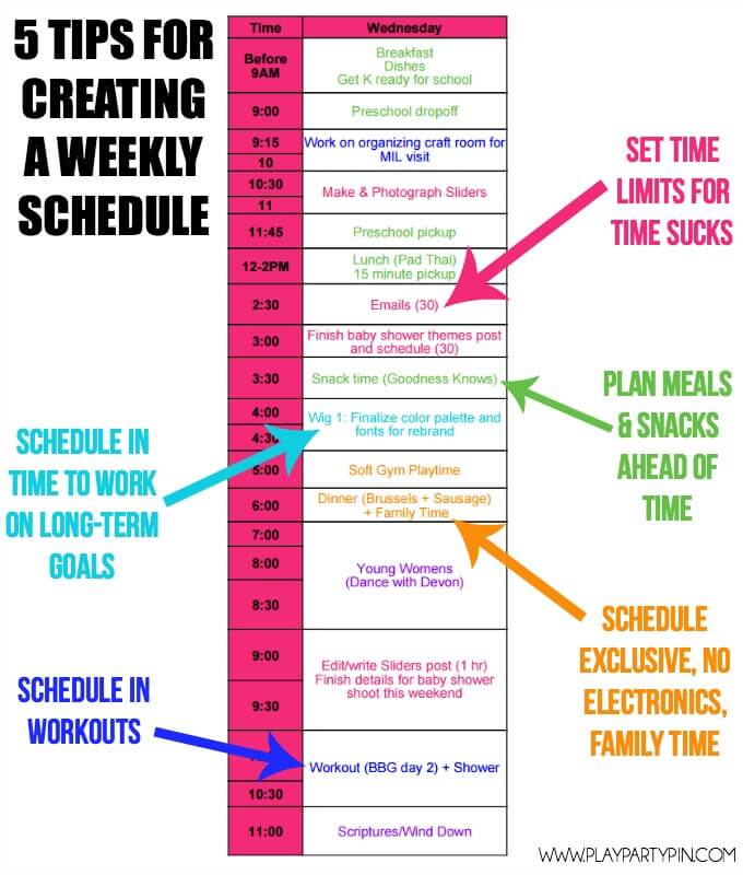 Five great tips for creating a weekly schedule that will actually help you get more done each week! Everything from creating a weekly meal plan (and writing it on the schedule) to scheduling in time for crafts and your latest ab workout. These schedule organization tips are fantastic but #5 is my favorite! 