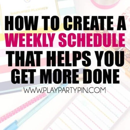 Five great tips for creating a weekly schedule that will actually help you get more done each week! Everything from creating a weekly meal plan (and writing it on the schedule) to scheduling in time for crafts and your latest ab workout. These schedule organization tips are fantastic but #5 is my favorite!