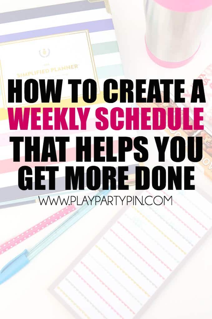 Five great tips for creating a weekly schedule that will actually help you get more done each week! Everything from creating a weekly meal plan (and writing it on the schedule) to scheduling in time for crafts and your latest ab workout. These schedule organization tips are fantastic but #5 is my favorite! 