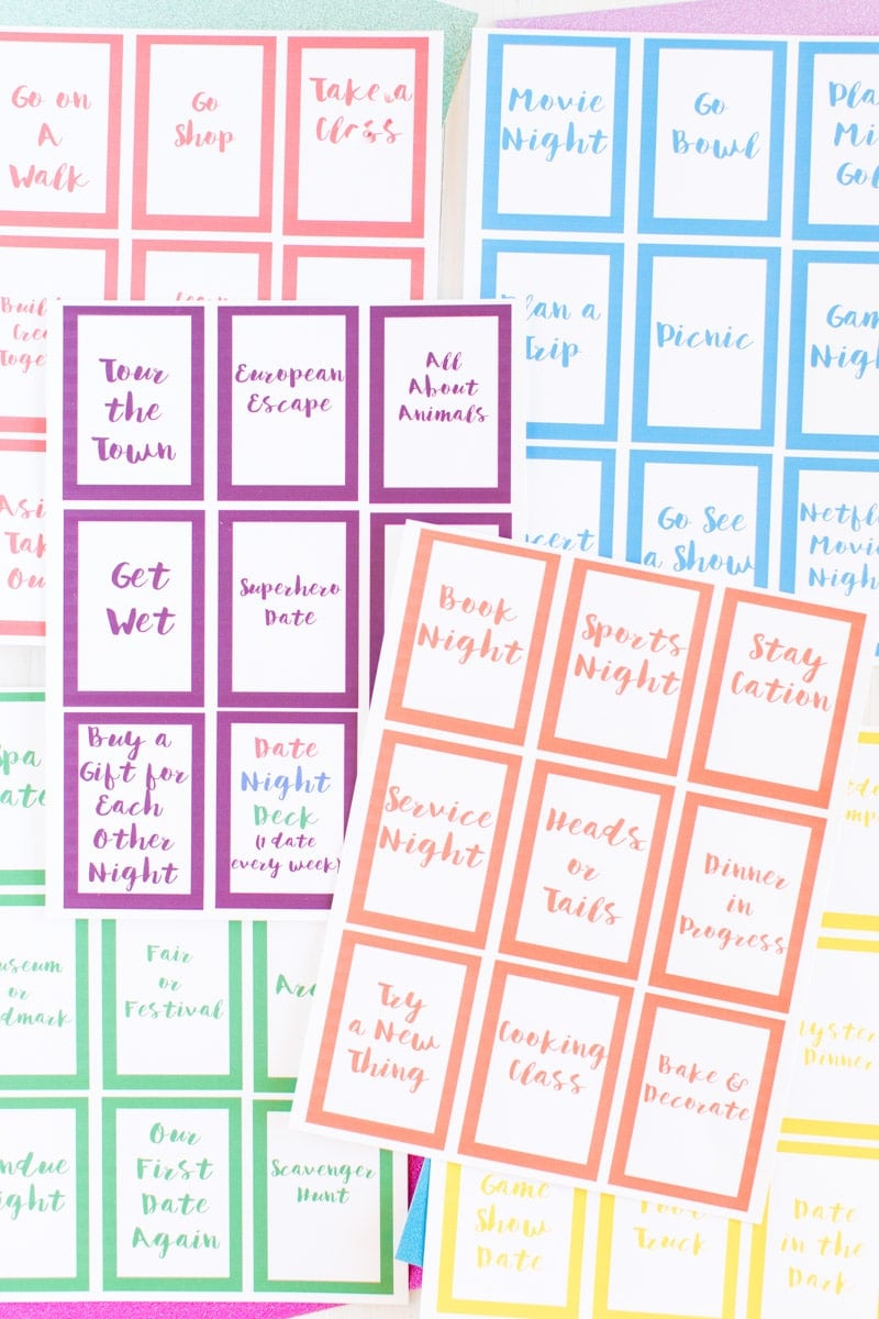 Printed out date night cards with tons of at home date night ideas