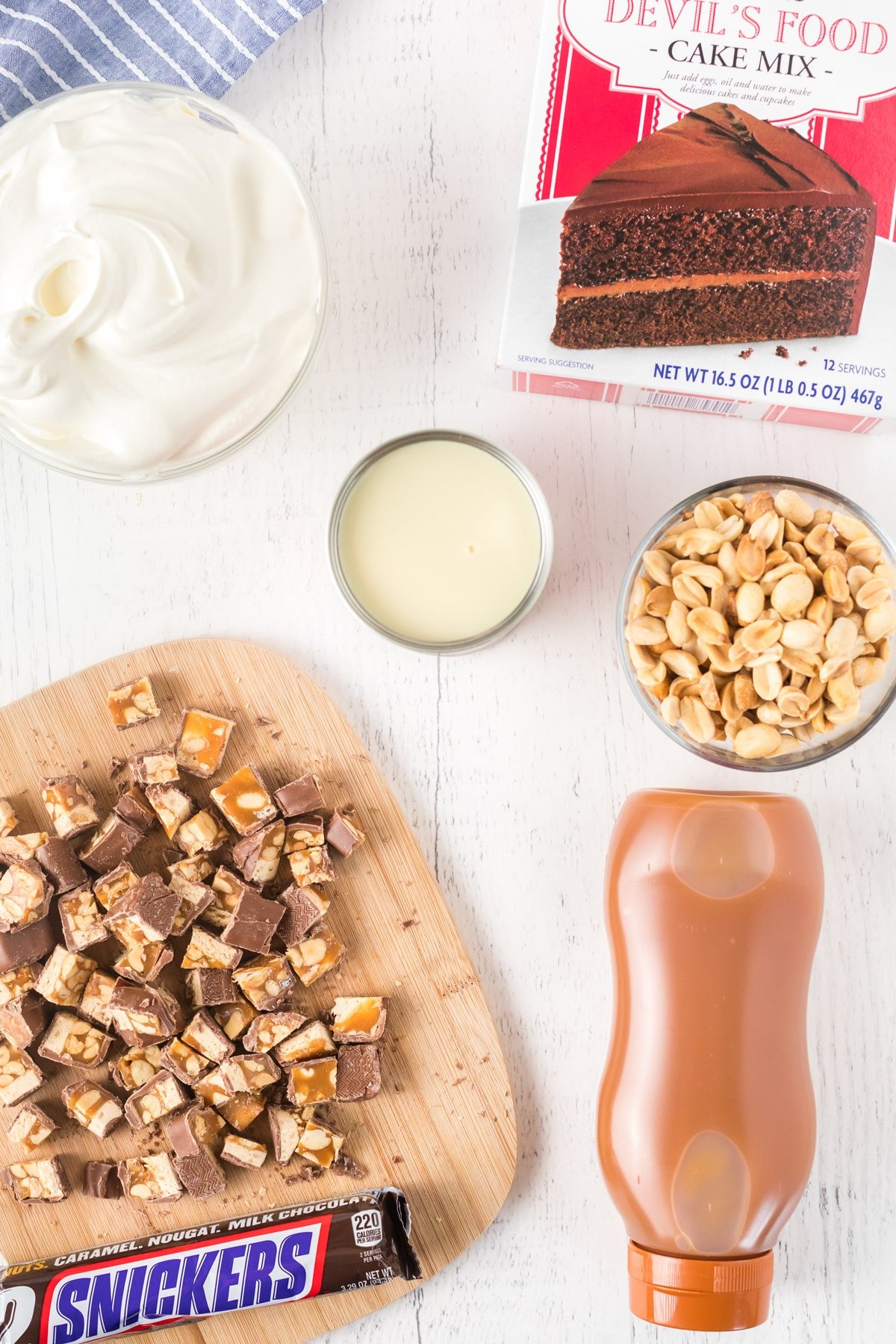 Ingredients for Snickers poke cake