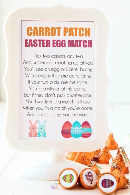 Free printable Easter party games that are perfect for kids of all ages! Print out the stickers, put them on the bottom of Hershey’s kisses, and play away! I can’t wait to try all three of these games with my kids!