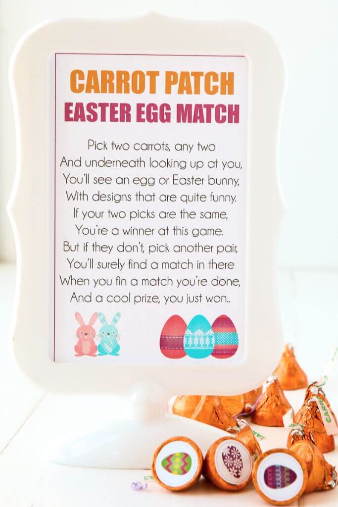 Free printable Easter party games that are perfect for kids of all ages! Print out the stickers, put them on the bottom of Hershey’s kisses, and play away! I can’t wait to try all three of these games with my kids! 