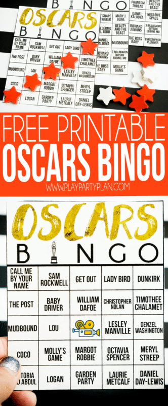 This Oscar bingo game is perfect for your next Oscar party! Mark off spaces when a movie or celebrity is named and try to be the first one to get an Oscar bingo first!