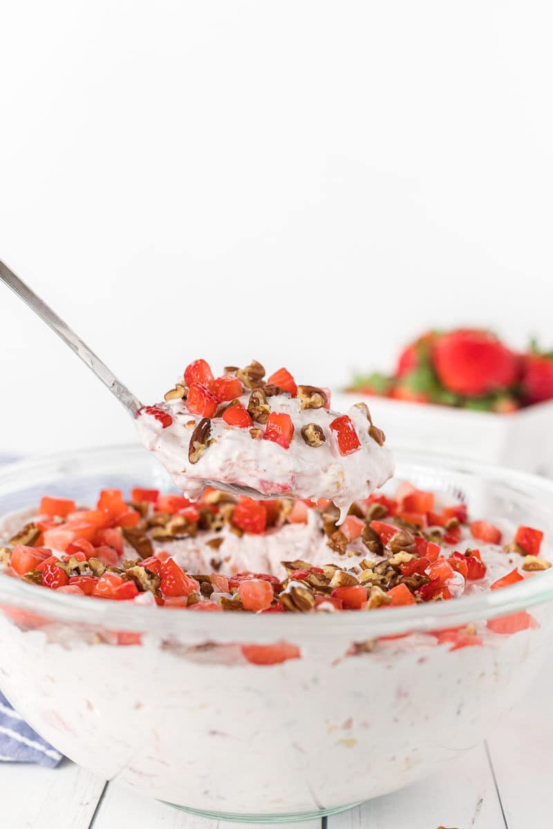 Spoon full of strawberry flufff salad
