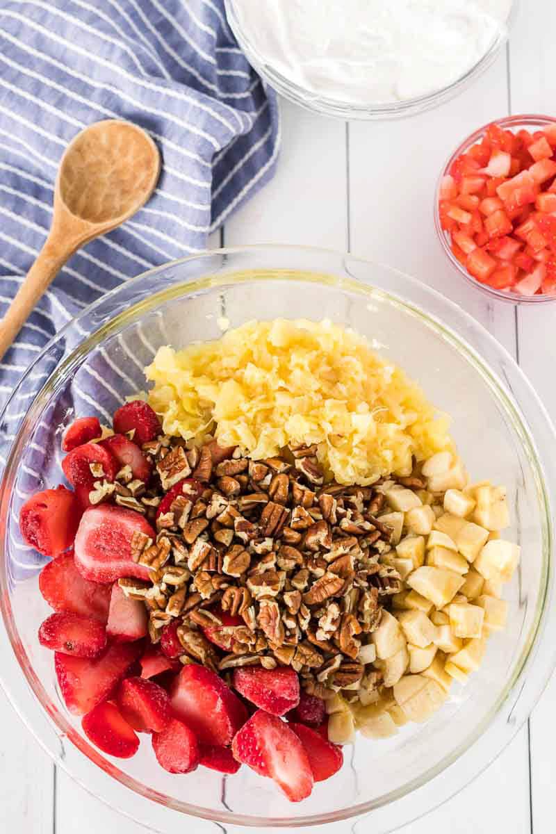 Fruit and nuts in strawberry fluff salad