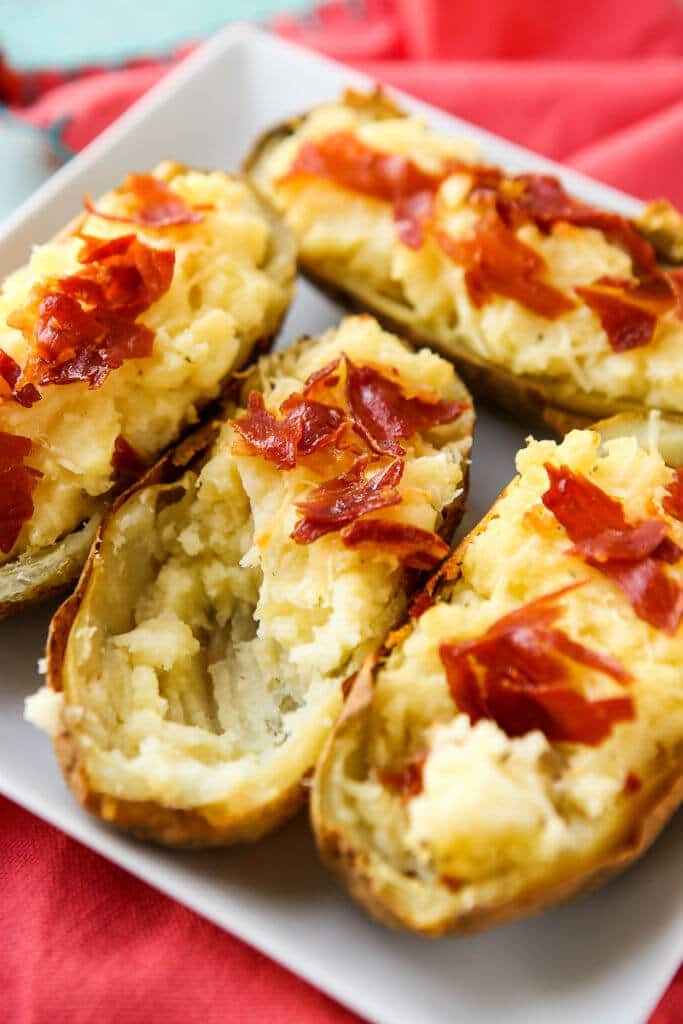 These creamy twice baked potatoes are the absolute best twice baked potatoes ever! They’re creamy, flavorful, and delicious! The perfect easy appetizers for a holiday brunch or dinner. 