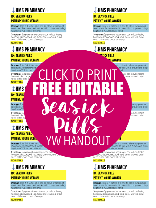 These seasick pills are so cute and a perfect idea to welcome young women to girls camp! This site has tons of fun young women's camp ideas and handouts!