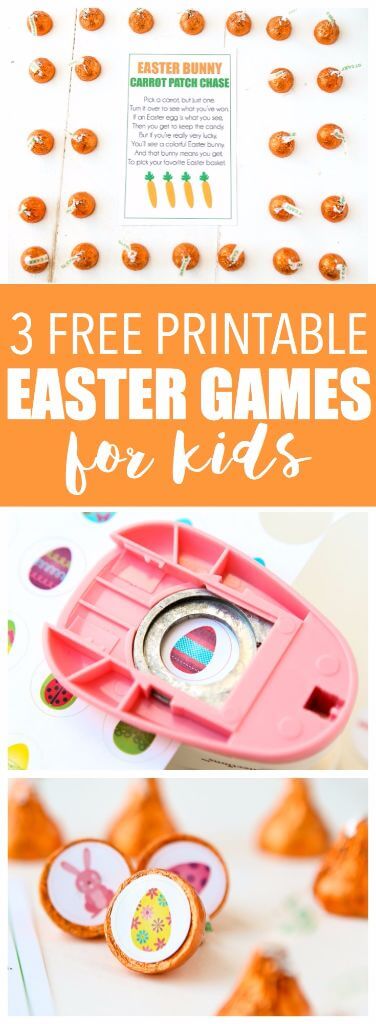 Free printable Easter party games that are perfect for kids of all ages! Print out the stickers, put them on the bottom of Hershey’s kisses, and play away! I can’t wait to try all three of these Easter games with my kids!