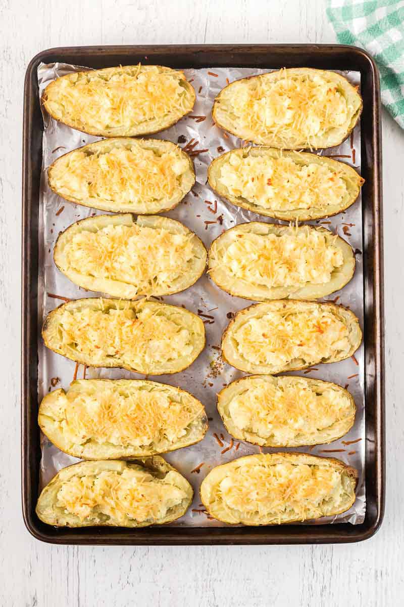 Pan of twice baked boursin cheese potatoes