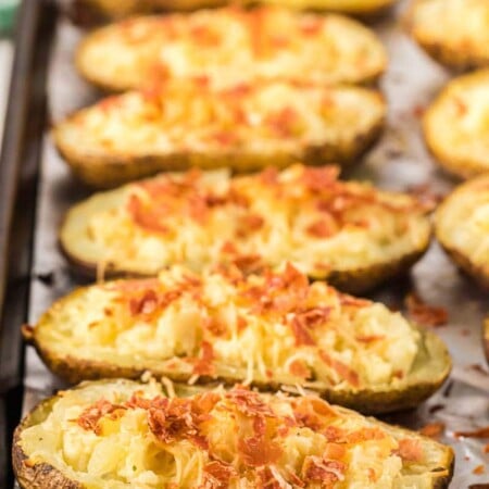 Twice baked boursin cheese potatoes on a sheet pan