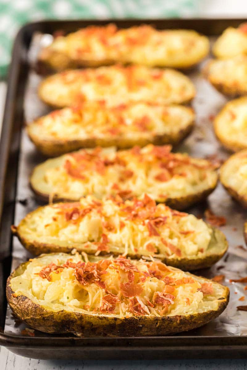 Twice baked boursin cheese potatoes on a sheet pan