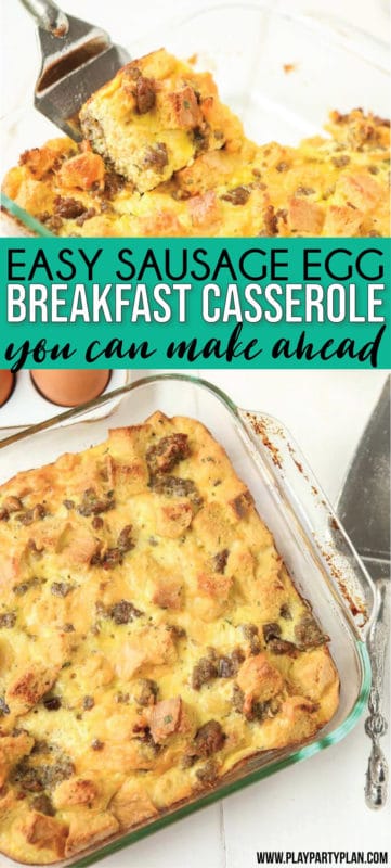 The best sausage breakfast casserole with bread cubes! Super easy to make ahead overnight and serve for a crowd! One of our favorite ever brunch recipes!