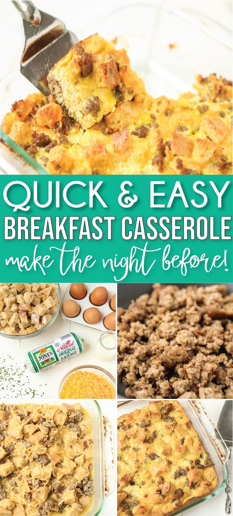 The best sausage breakfast casserole with bread cubes! Super easy to make ahead overnight and serve for a crowd! One of our favorite ever brunch recipes!