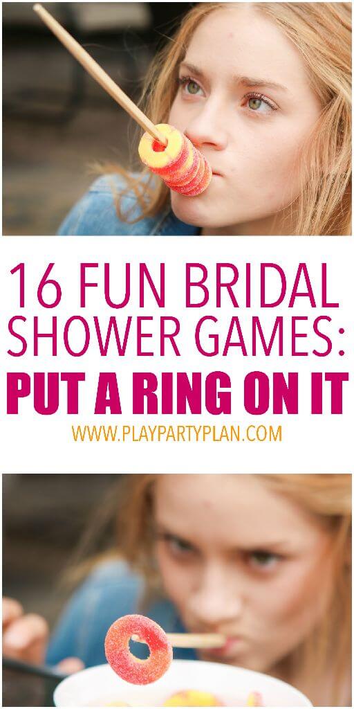 A girl putting rings on a chopstick in one of the most fun bridal shower games