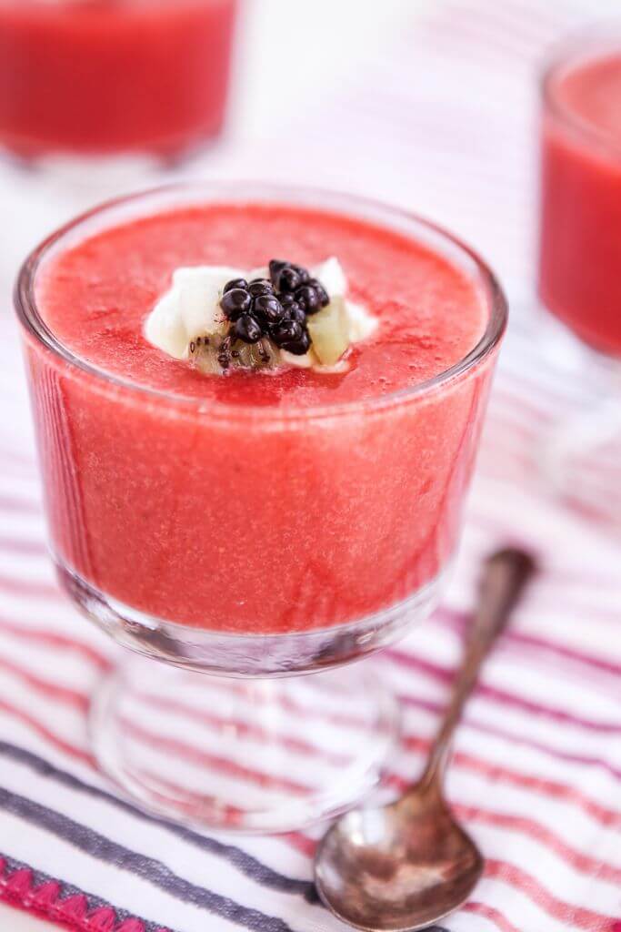 This strawberry soup tastes almost like a melted smoothie except better. Such a simple and easy recipe that uses fresh strawberries to create a healthy dessert option. Definitely one of the most unique strawberry ideas and perfect for summer entertaining!