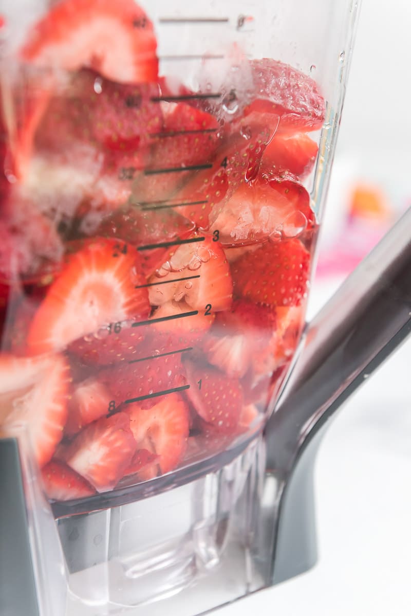 Blender full of strawberries for strawberry soup