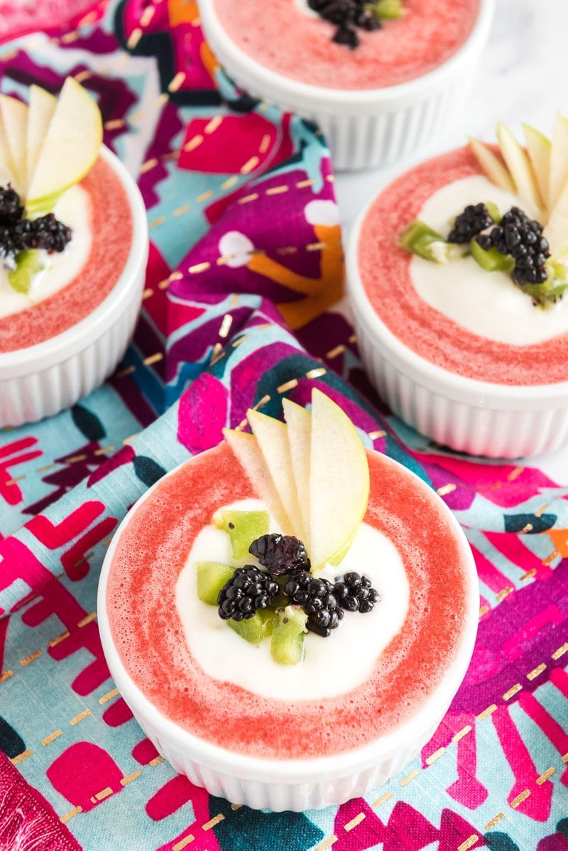 Strawberry soup with blackberries and kiwis on top