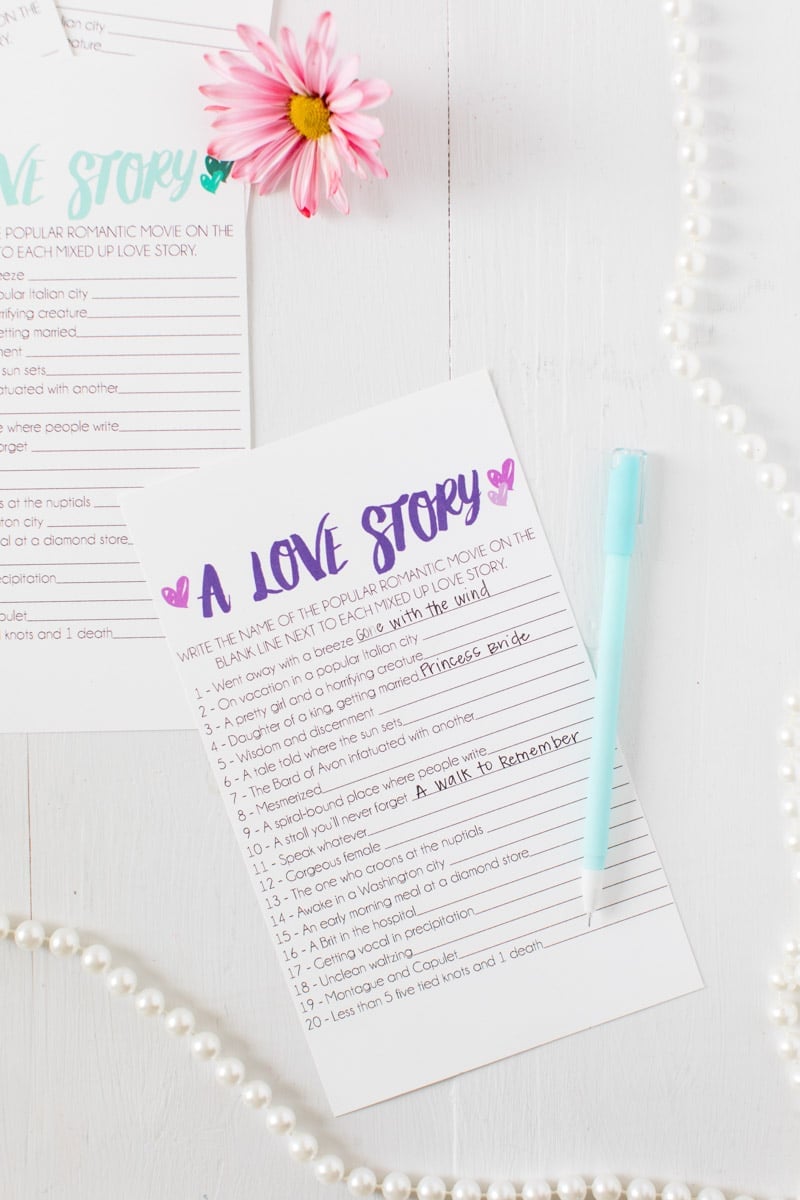 This love story bridal shower game is one of the best printable bridal shower games