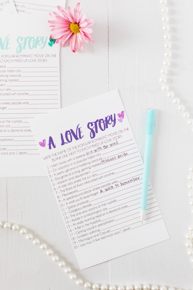 This love story bridal shower game is one of the best printable bridal shower games