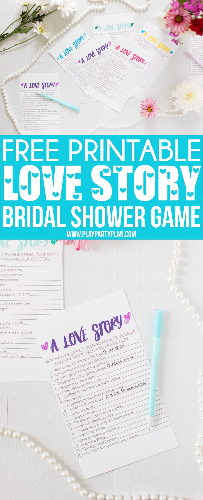 Looking for unique and funny bridal shower games that don’t suck? Get the free printables for this love story bridal shower game for a simple and easy game for large groups or small ones! It’s one of the best wedding shower games ever - and even includes great prizes to give the winner! #bridalshower #bridalshowergames #freeprintables #weddingshower #partygames