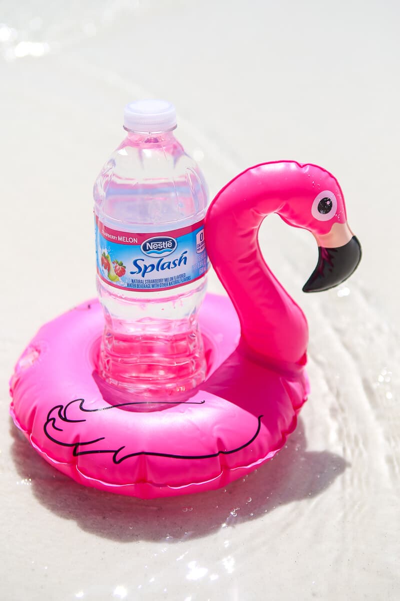 water bottle in a flamingo float