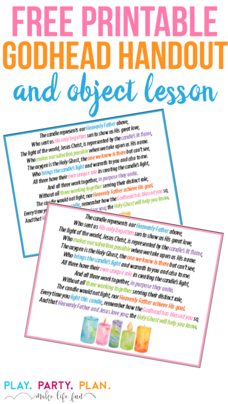 Great free printable Godhead handout and object lesson for teaching a lesson or FHE on the LDS understanding of the Godhead. This would be perfect for a Come Follow Me lesson on understanding the roles of God, the Holy Ghost, and Jesus Christ!
