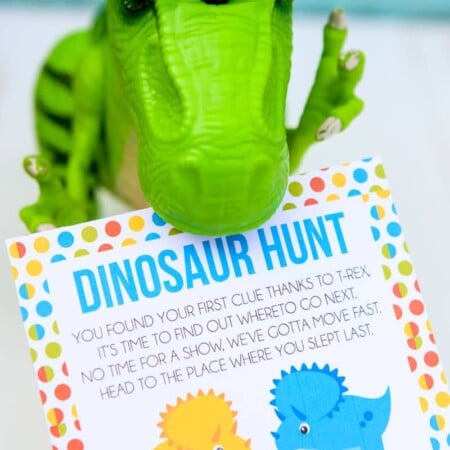 This free printable dinosaur hunt is perfect for a dinosaur birthday theme, a dinosaur party, or just to play with boys who love dinosaurs! Definitely one of the best dinosaur games or activities I’ve seen, and I know my son would love these ideas! Pair it with dinosaur decorations, food, and other ideas like watching LEGO Jurassic World, for the best dinosaur party ever!