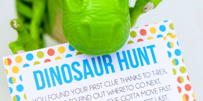 This free printable dinosaur hunt is perfect for a dinosaur birthday theme, a dinosaur party, or just to play with boys who love dinosaurs! Definitely one of the best dinosaur games or activities I’ve seen, and I know my son would love these ideas! Pair it with dinosaur decorations, food, and other ideas like watching LEGO Jurassic World, for the best dinosaur party ever!