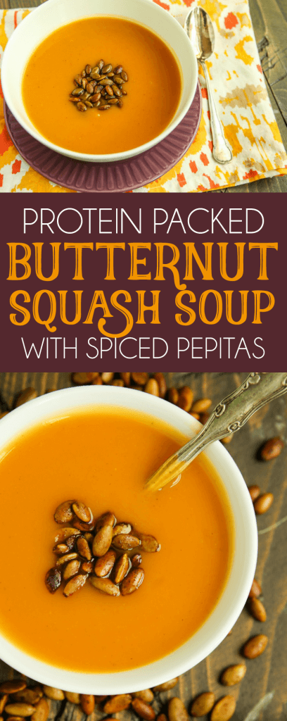 This easy butternut squash soup is like a healthy comfort food! Take some roasted butternut squash, mix it with broth in your Vitamix or other blender, and finish it off with some spicy pepitas. It’s creamy, dairy free, and one of the best butternut squash recipes I’ve tried! 