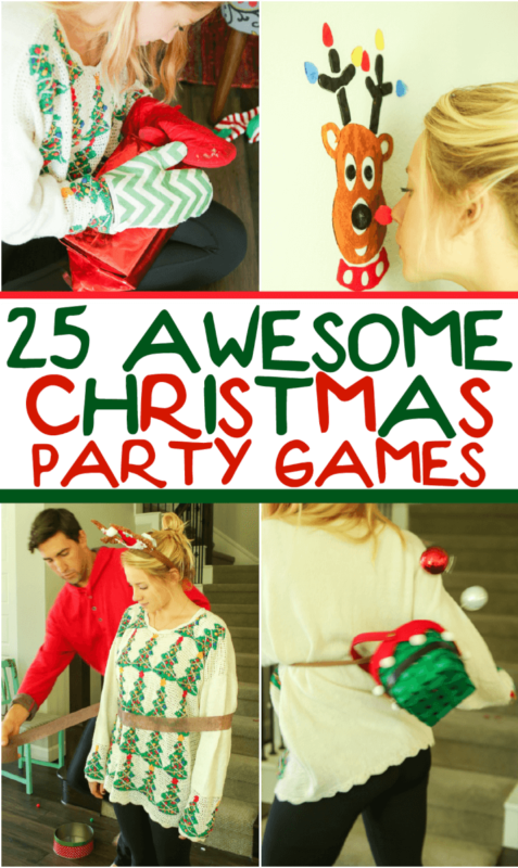 25 funny Christmas party games that are great for adults, for groups, for teens, and even for kids! Try them at the office for a work party, at school for a class party, or even at an ugly sweater party! I can’t wait to try these for family night this Christmas season!