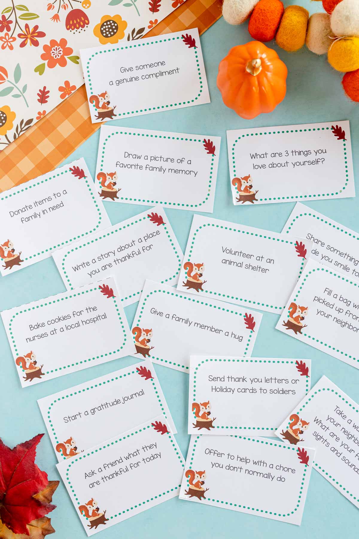 printed out cards with gratitude activities for kids