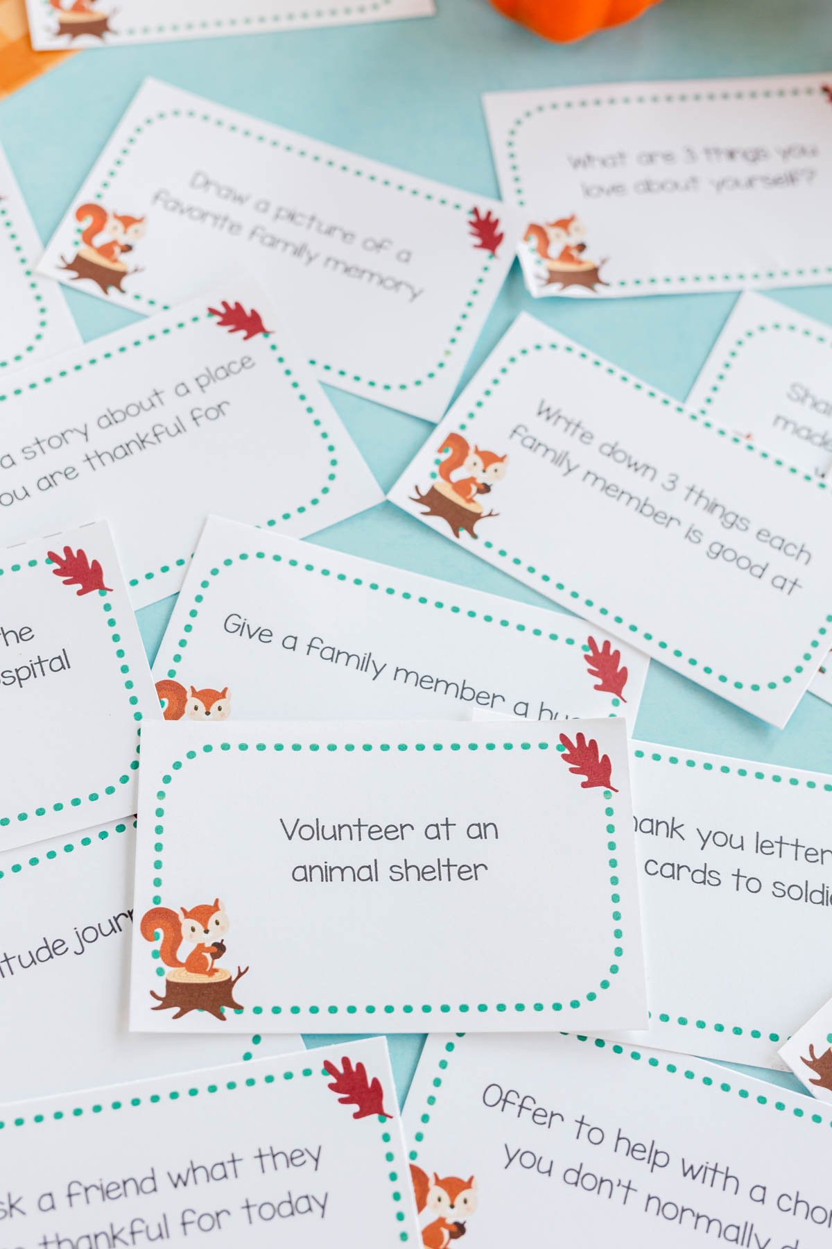 printed out gratitude activities cards