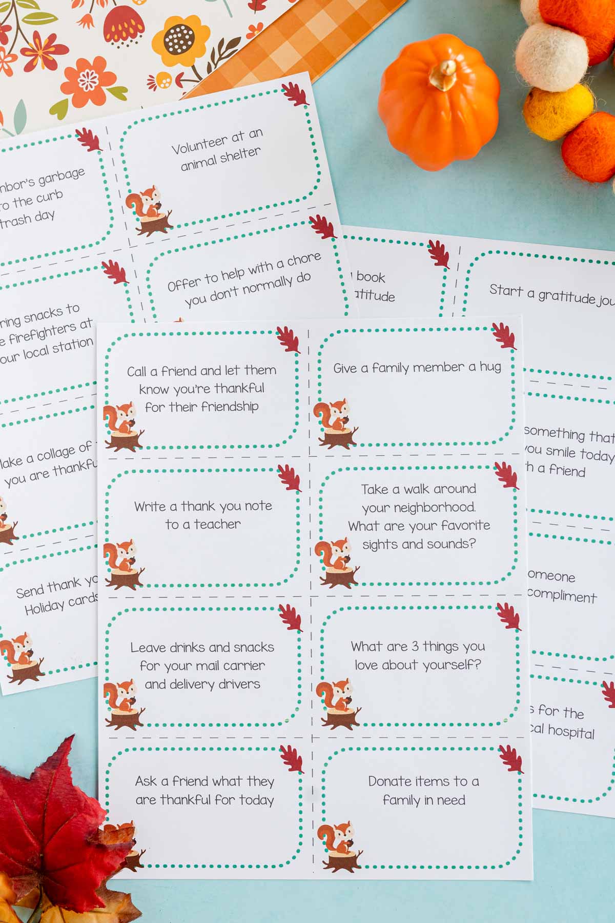 printed out cards with gratitude activities for kids