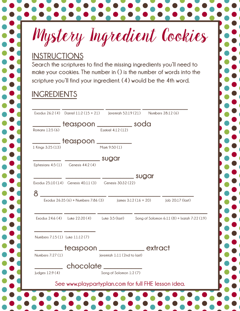 Fun LDS family home evening idea that’s great for kids, for teens, or even for couples to do together. Read the scriptures to find the missing ingredients, bake cookies, and use the free printable Christmas treat gift tags to give to friends and family. One of the most fun activities I did as a kid! 