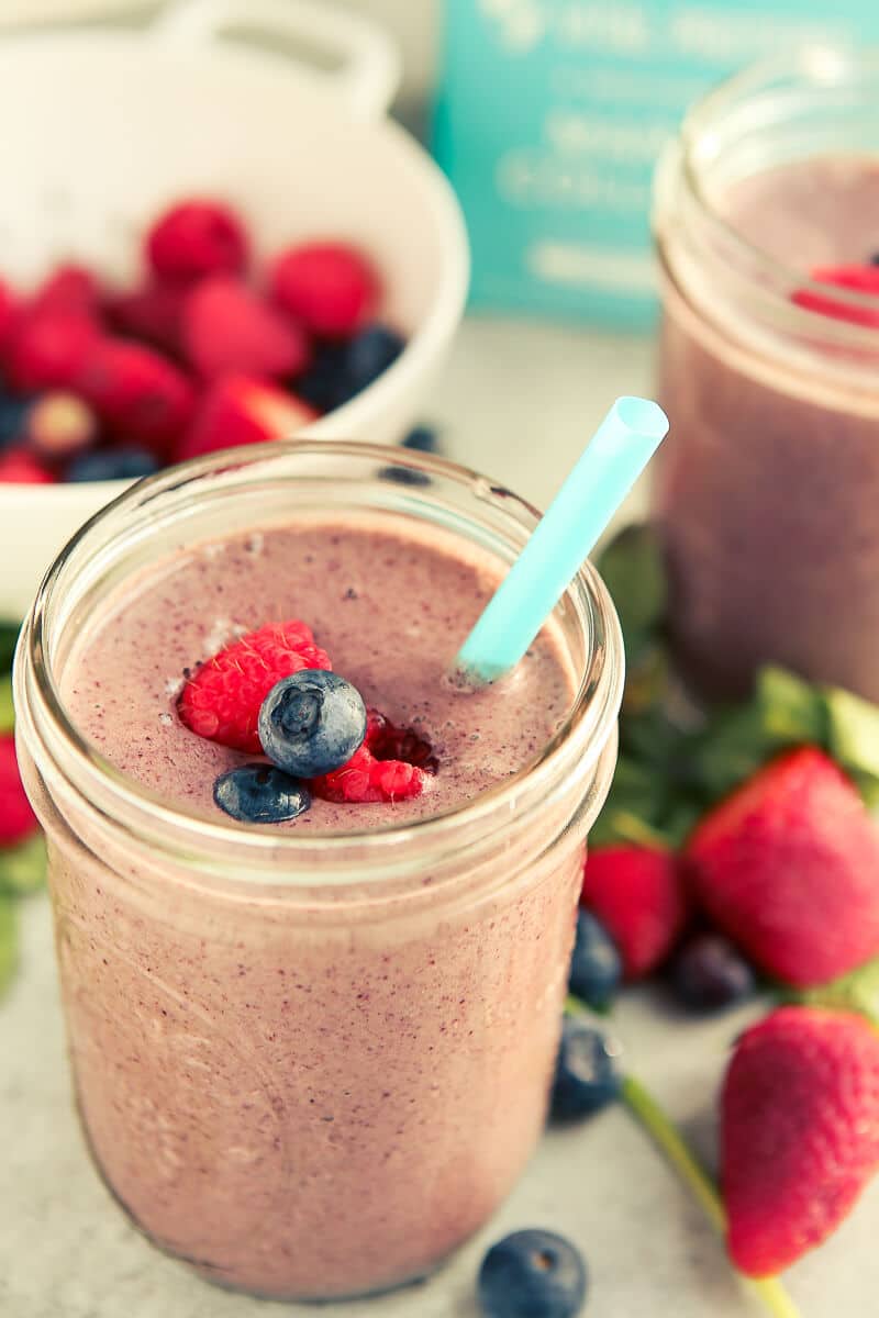 This triple berry smoothie recipe is one of the best fruit and yogurt smoothies out there. It’s a great healthy breakfast option, especially if you’re trying to lose weight or trying to up your protein for weight loss or a particular diet. Just combine frozen strawberry, green spinach, and a couple of other ingredients for one of the best smoothie recipes. I’m definitely making this easy smoothie for my kids this weekend!