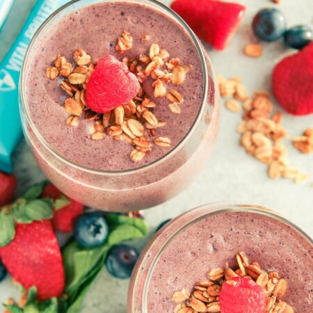 This triple berry smoothie recipe is one of the best fruit and yogurt smoothies out there. It’s a great healthy breakfast option, especially if you’re trying to lose weight or trying to up your protein for weight loss or a particular diet. Just combine frozen strawberry, green spinach, and a couple of other ingredients for one of the best smoothie recipes. I’m definitely making this easy smoothie for my kids this weekend!