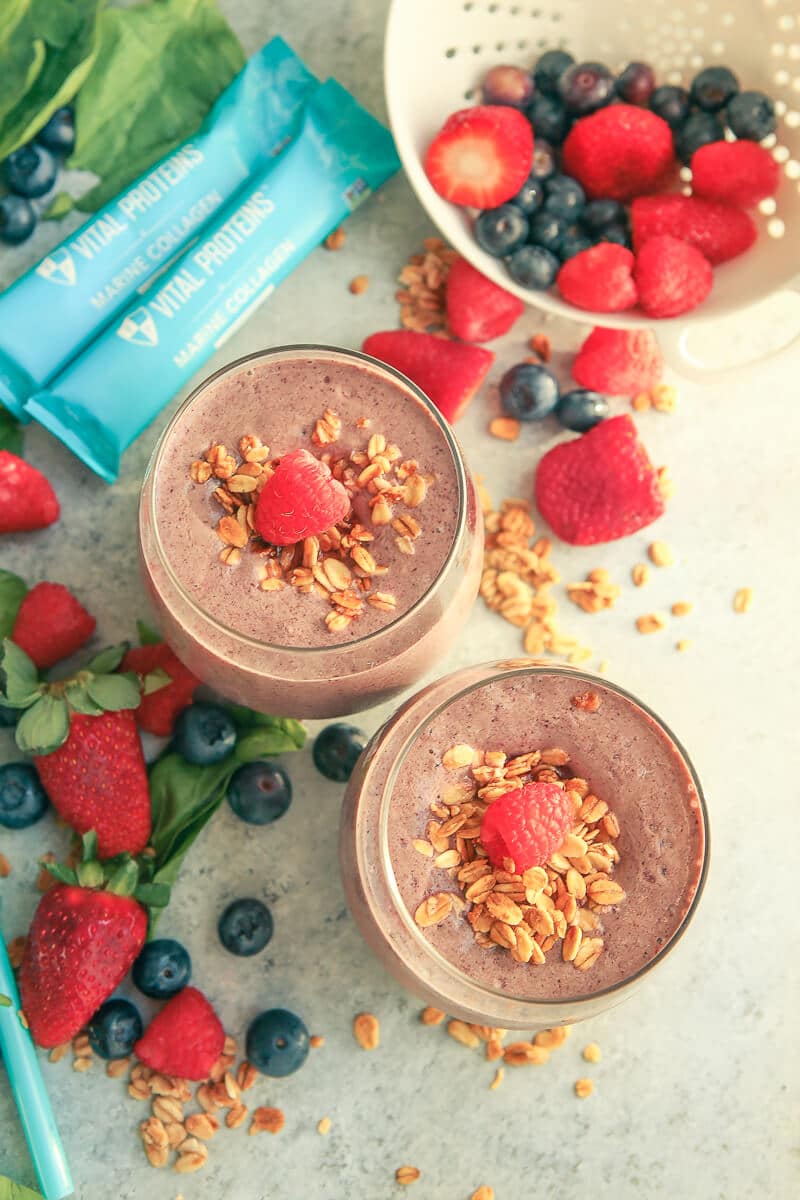 This triple berry smoothie recipe is one of the best fruit and yogurt smoothies out there. It’s a great healthy breakfast option, especially if you’re trying to lose weight or trying to up your protein for weight loss or a particular diet. Just combine frozen strawberry, green spinach, and a couple of other ingredients for one of the best smoothie recipes. I’m definitely making this easy smoothie for my kids this weekend!