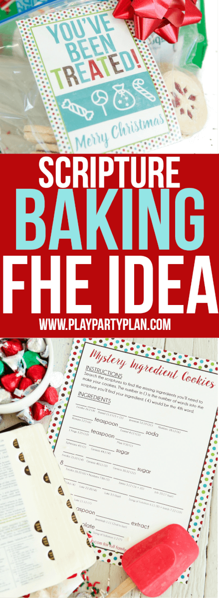 Fun LDS family home evening idea that’s great for kids, for teens, or even for couples to do together. Read the scriptures to find the missing ingredients, bake cookies, and use the free printable Christmas treat gift tags to give to friends and family. One of the most fun activities I did as a kid! 